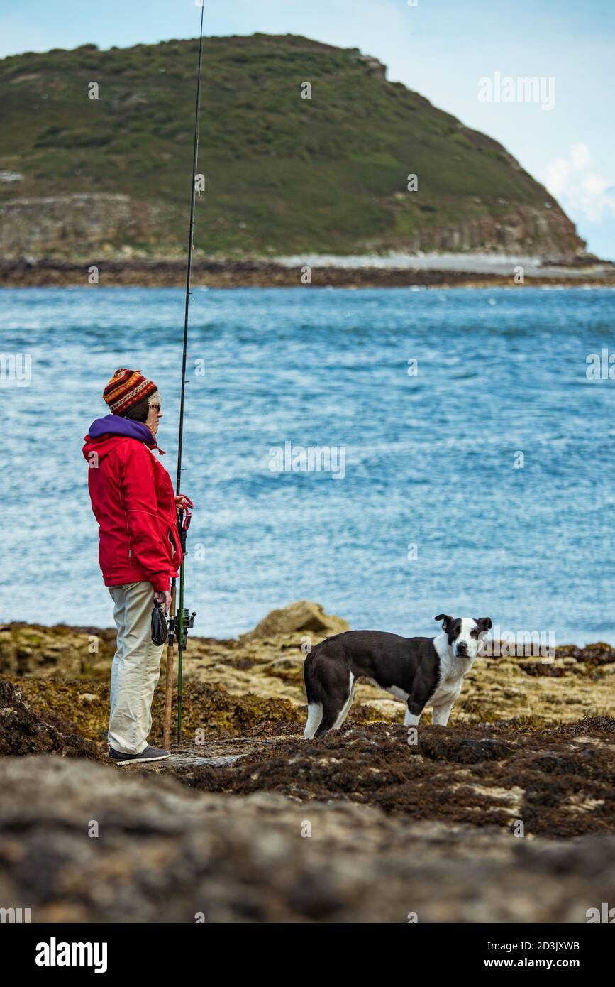 Eine Dame und ihr Hund suchen einen guten Platz zum Fischen in Penmon, Anglesey Stockfoto