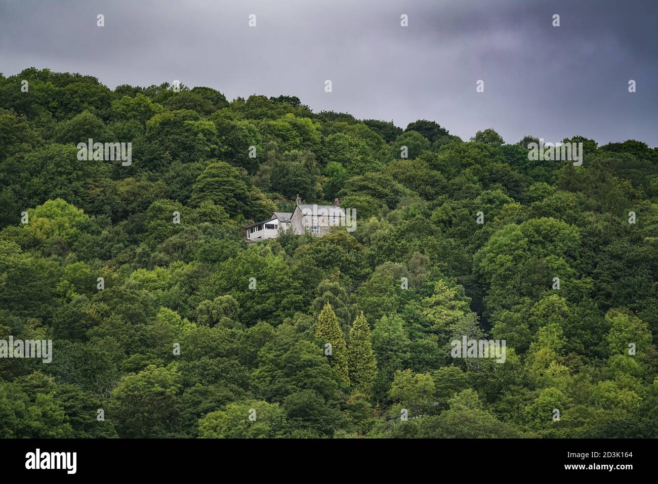 Ein isoliertes Haus, umgeben von Bäumen, hoch über der Stadt Dolgarrog in Wales Stockfoto