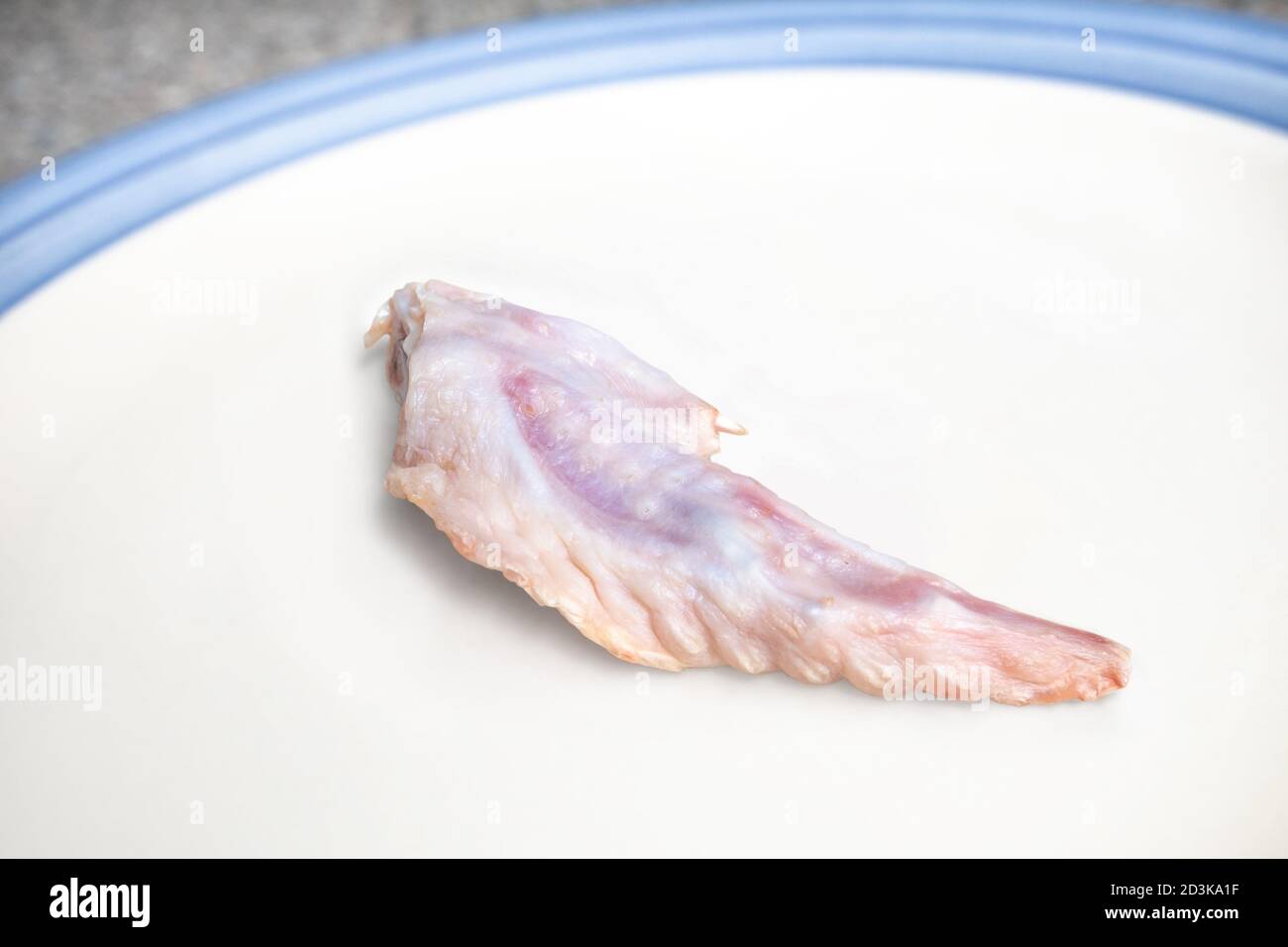 Rohe Hähnchenflügel Spitze auf einem Teller. Rosa humane Geflügelknochen. Konzept zur Fütterung von Rohkost, Beutemodell RAW (PMR) oder BARF für Katzen, Hunde und pe Stockfoto
