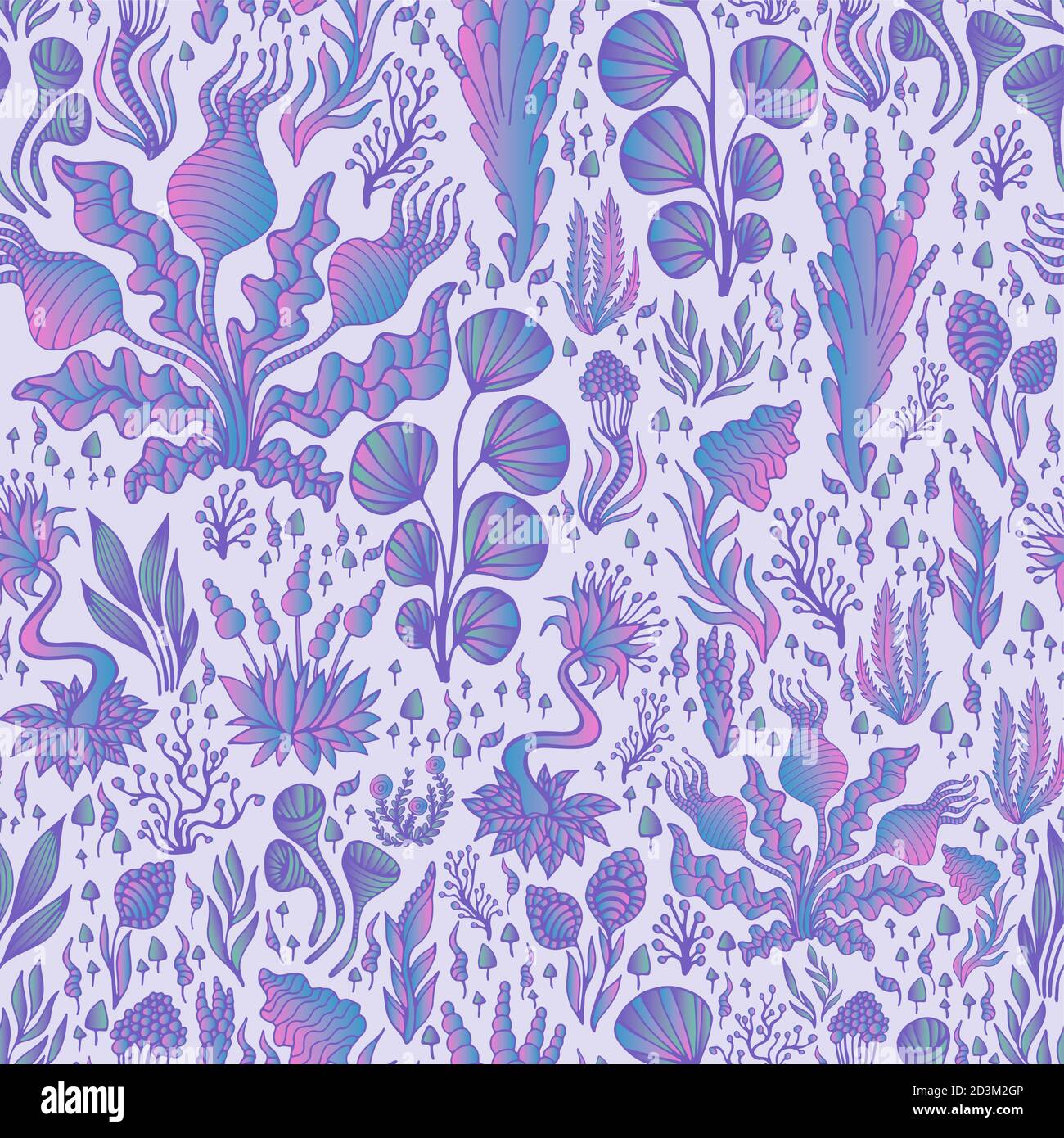 Bunte dekorative Fantasy-Pflanzen nahtlose Muster, Farbverlauf rosa blau, isoliert auf lila Hintergrund. Stock Vektor