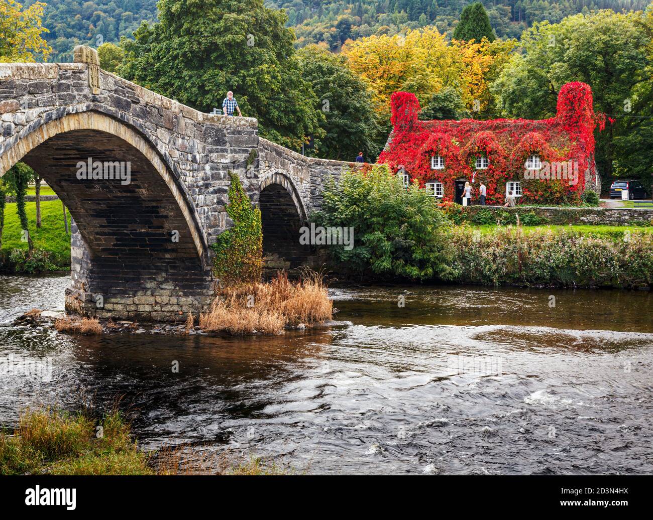 Trefriw, Conwy County, Wales, Vereinigtes Königreich. Die Tu Hwnt i'r Bont Teestube über den Fluss Conwy und Pont Fawr, oder Große Brücke gesehen. Die Teestube i Stockfoto