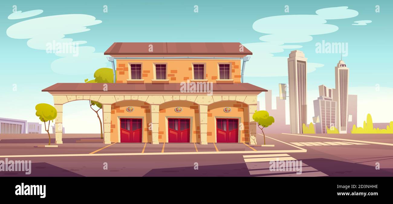 Feuerwehrgebäude mit geschlossenen roten Toren. Vektor Cartoon Sommer Stadtbild mit Stadt Feuerwehrmann Abteilung. Büro für Feuerlöscher-Service mit Garage für Rettungswagen Stock Vektor