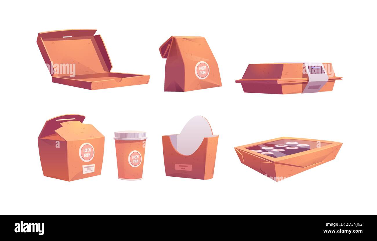 Lebensmittelboxen, Kartonbeutel und Becher, Einweg-Take-away-Papierverpackungen für Fastfood-Café-Mahlzeiten Sushi, Brötchen, Pizza oder pommes Frites, Kaffee und Getränke zum Mitnehmen. Cartoon Vektorgrafik, Symbole gesetzt Stock Vektor