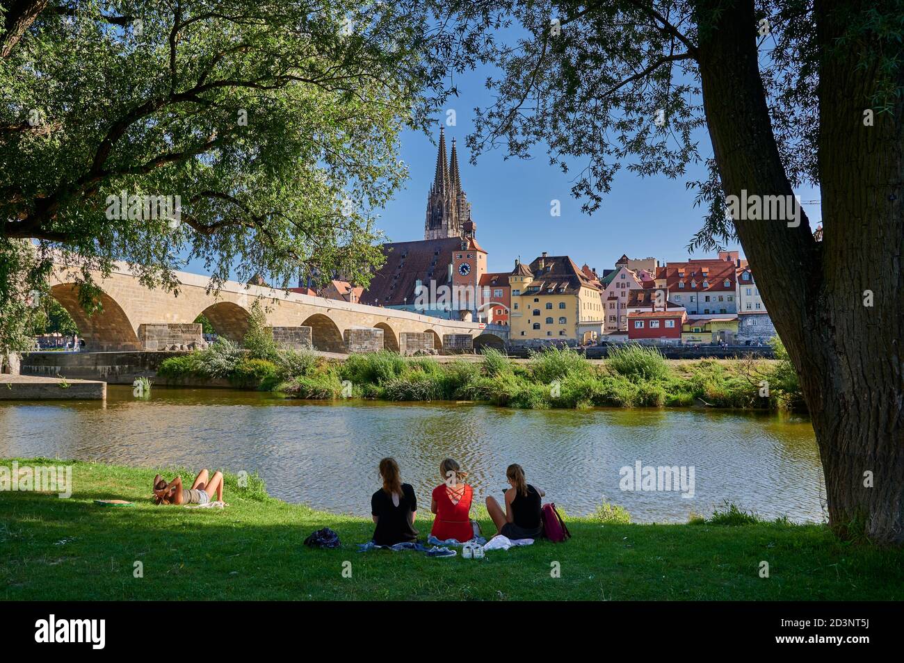 Steinbrücke (Steinerne Brucke) mit Stadtbild und Petersdom von Regensburg, UNESCO Weltkulturerbe, Bayern, Deutschland Stockfoto