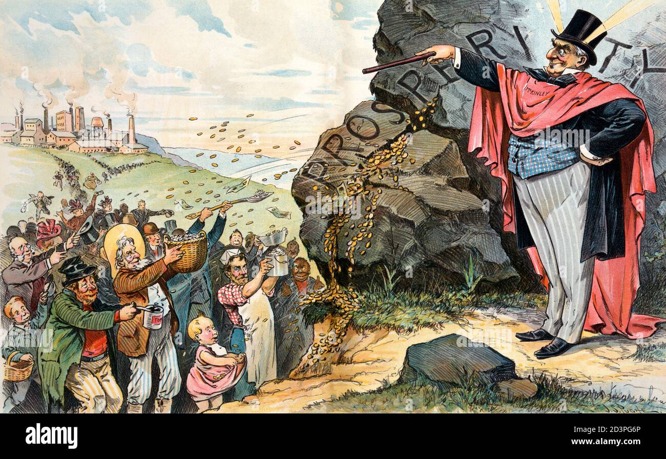 Sie erwarten das Unmögliche - Print zeigt Präsident William McKinley als Moses mit zwei Lichtstrahlen, die von seinem Hut ausgehen, Und trägt einen roten Umhang mit der Aufschrift "mcKinley", steht neben einem großen Felsen mit der Aufschrift "Prosperity", der gespalten ist und Geld in eine Schar von Menschen speien, die hauptsächlich die Arbeiterklasse und die Armen repräsentieren, die aus den Fabriken im Hintergrund strömen. Politischer Cartoon, 1897 Stockfoto