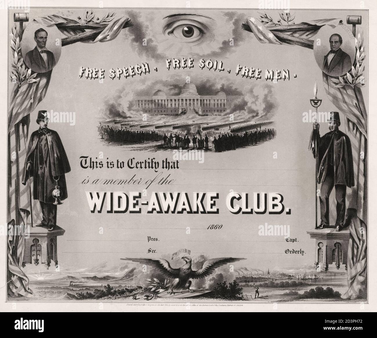 Freie Rede, freier Boden, freie Männer. Damit soll bestätigt werden, dass [blank] Mitglied des Wide-Awake Clubs ist - Rint zeigt eine Mitgliedschaftsurkunde für den Wide-Awake Club, einen republikanischen Marschclub, der im Februar oder März 1860 gegründet wurde und während des Wahlkampfs im ganzen Norden aktiv ist. Der Verein war der Erhaltung der Union und der Nichtweiterung der Sklaverei gewidmet. 1860 Stockfoto
