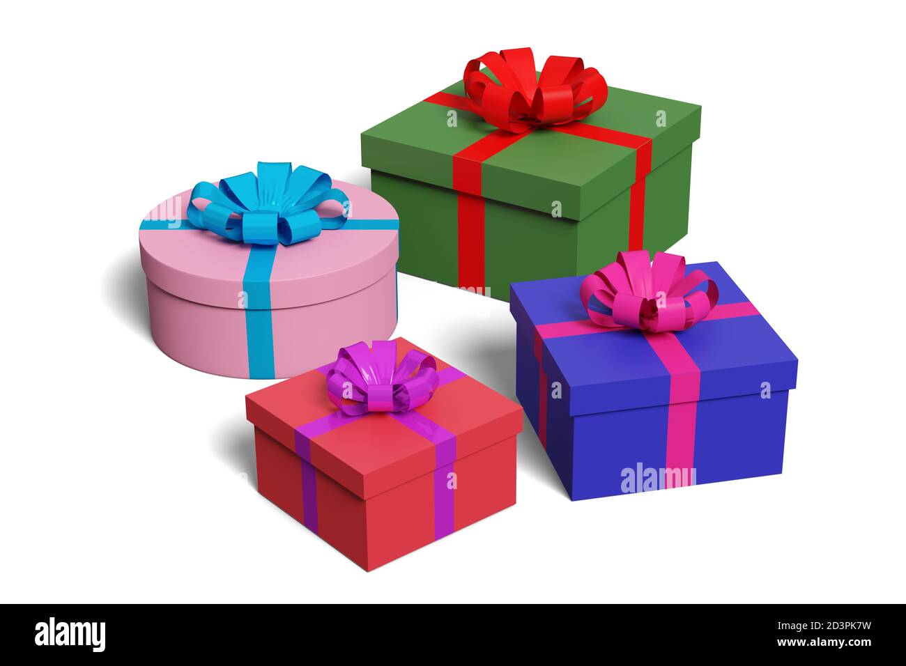 Drei Geschenkbox grün blau und rot mit Schleifen isoliert auf weißem Hintergrund. 3d-Illustration. Stockfoto