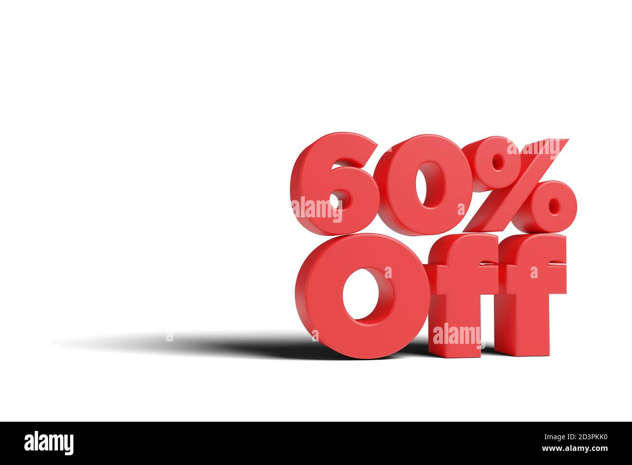 Text '60 % Rabatt' in 3 Dimensionen auf weißem Hintergrund. 3d-Illustration. Stockfoto