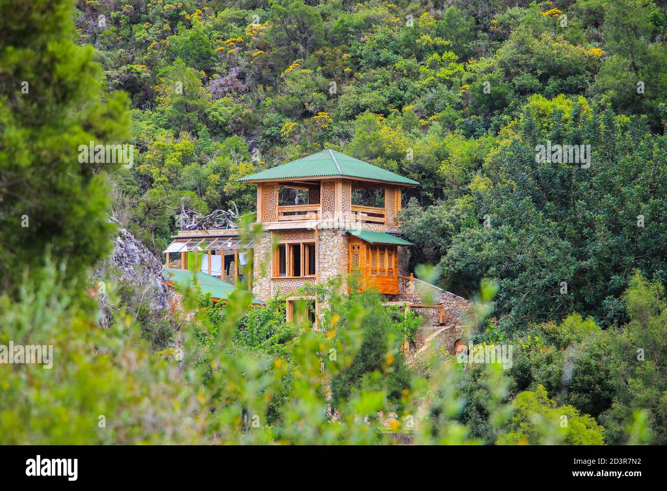 Holzhaus, umgeben von Bäumen Stockfoto