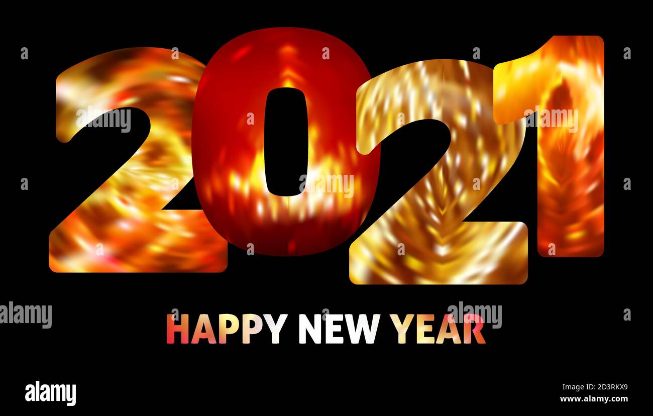 Happy New Year Vorlage mit hell, heiß, glühend 2021 auf einem schwarzen. Vektorgrafiken Stock Vektor
