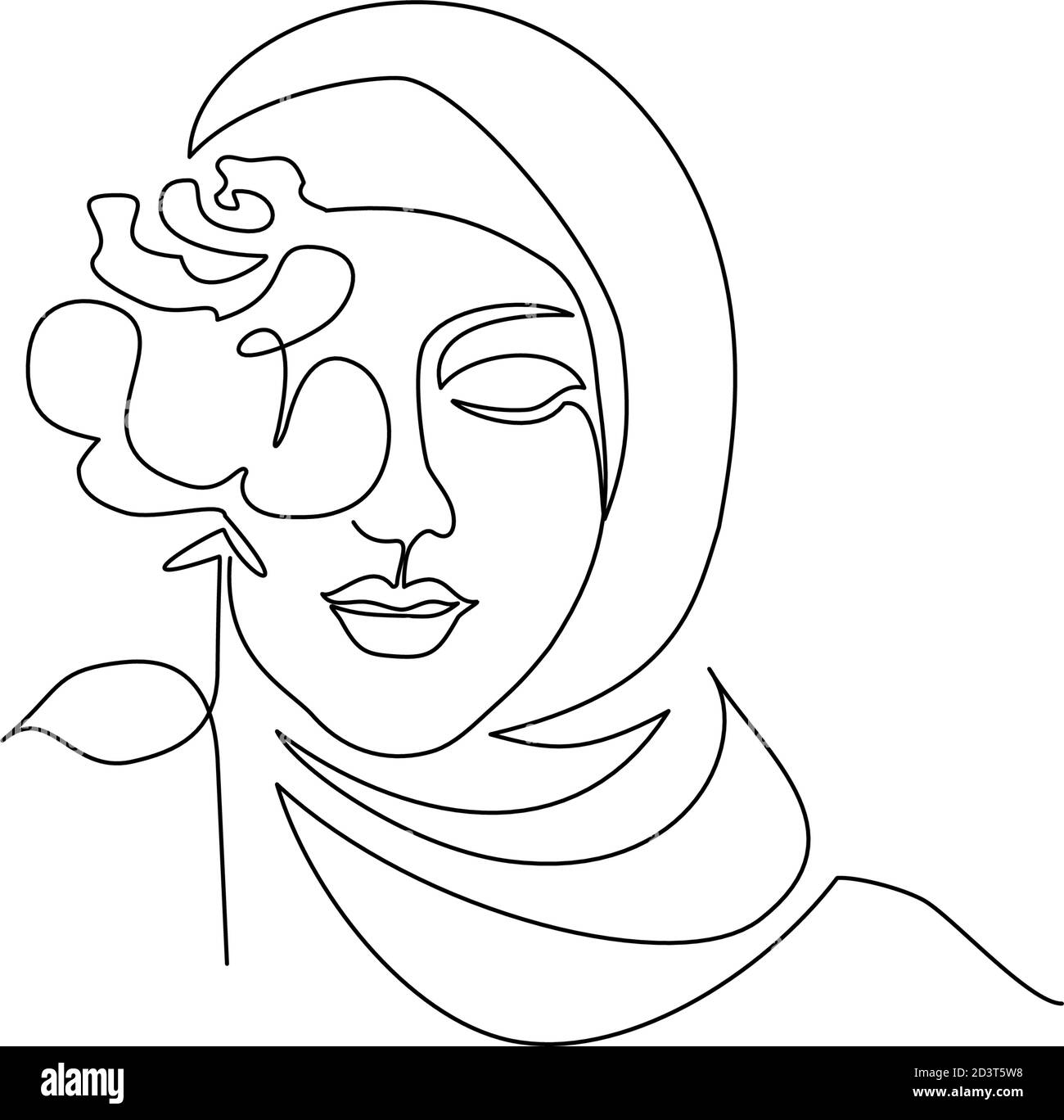Junge glückliche Frau in Hijab mit Blumen auf ihrem Gesicht. Fortlaufende eine-Linie-Zeichnung. Vektorgrafik Stock Vektor
