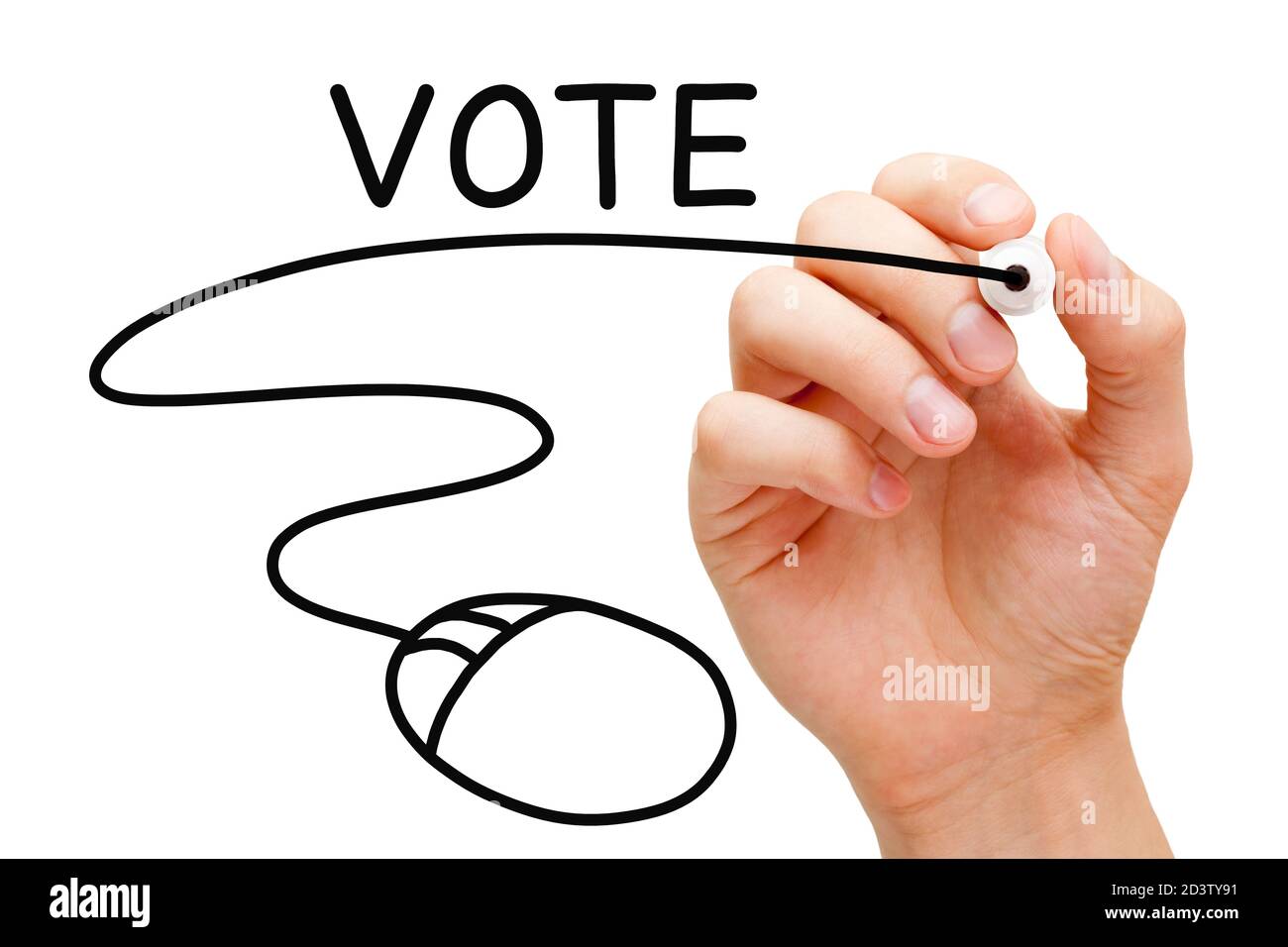 Hand Zeichnung Computer Maus unter dem Wort Stimme mit schwarzem Marker auf transparentem Wipe Board. Online, Internet, elektronische Wahlen oder e-Voting Stockfoto