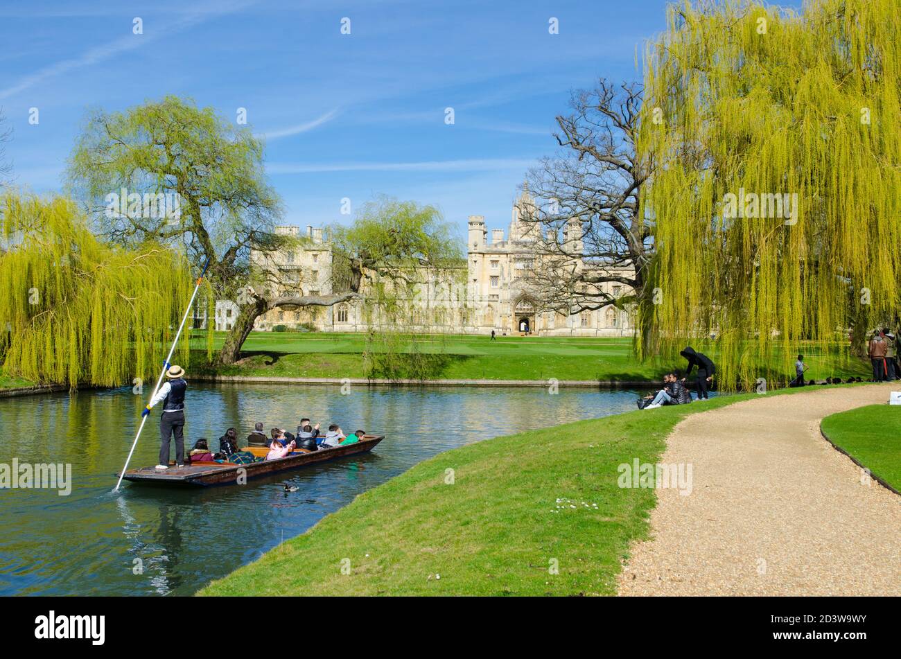 Punting on River Cam an einem sonnigen Tag, Cambridge, Großbritannien Stockfoto