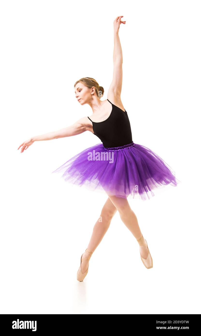 Frau in lila Tutu und schwarz Trikot Tanz Ballett. Studio auf weißem Hintergrund aufgenommen, isolierte Bilder. Stockfoto