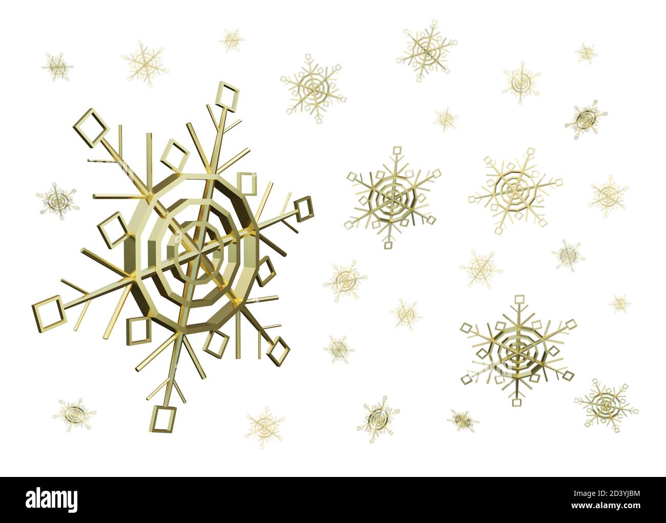 Schöne glänzende Weihnachten Goldene Schneeflocken isoliert auf weißem Hintergrund.Element-Design für Ihre Anzeige, Poster, Banner, 3d-Rendering Stockfoto