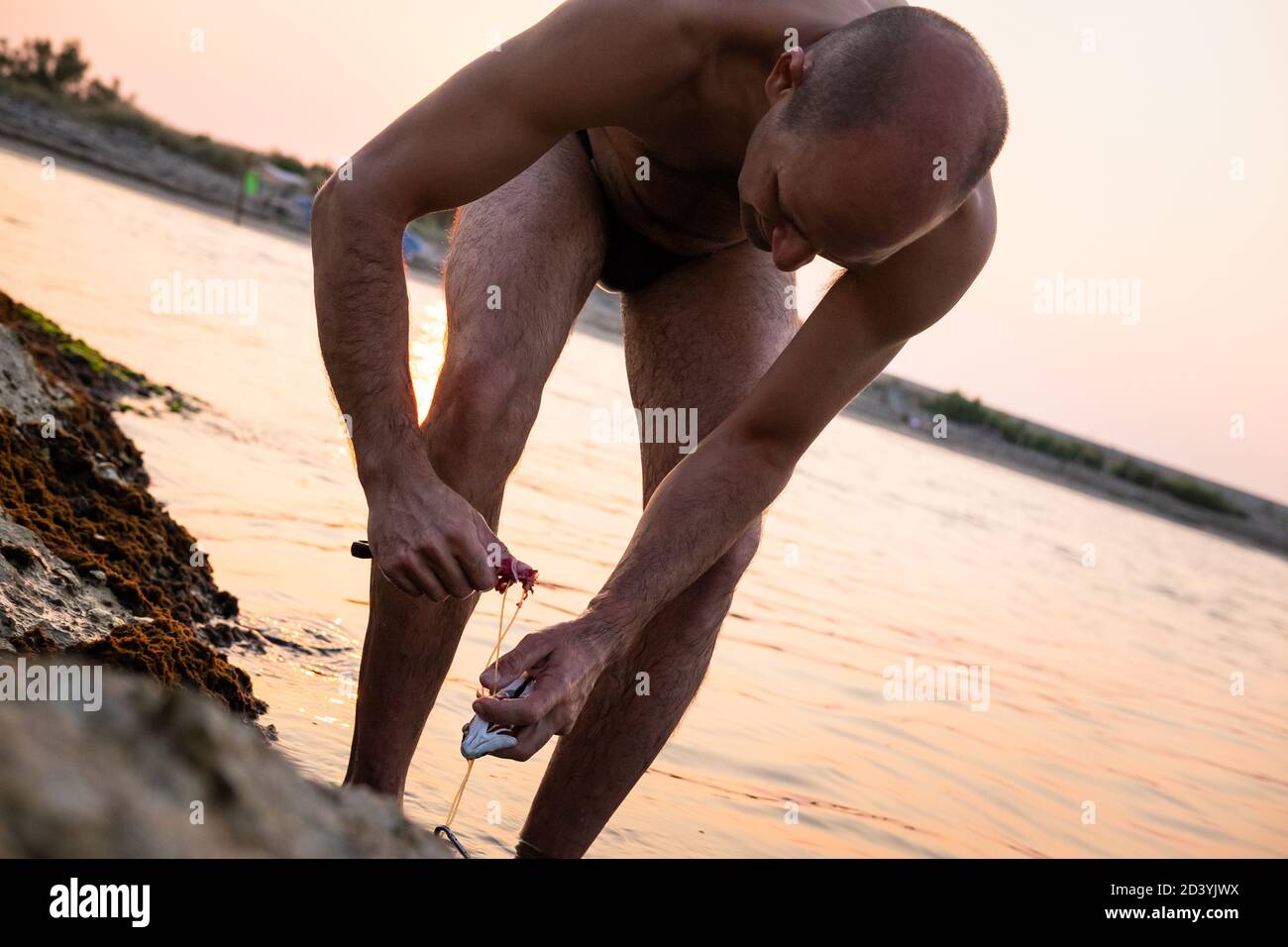Fischer putzen Fisch mit Messer an der italienischen Küste von Pellestrina, Venedig Stockfoto