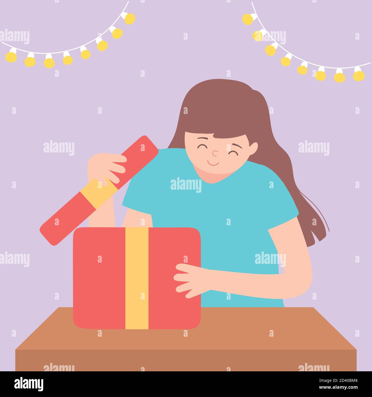 Glückliche Frau Eröffnung Geschenkbox mit Licht Dekoration Party Vektor Abbildung Stock Vektor