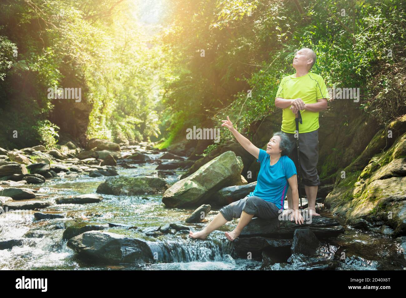 Happy Senior Paar Wandern im Naturpark Stockfoto