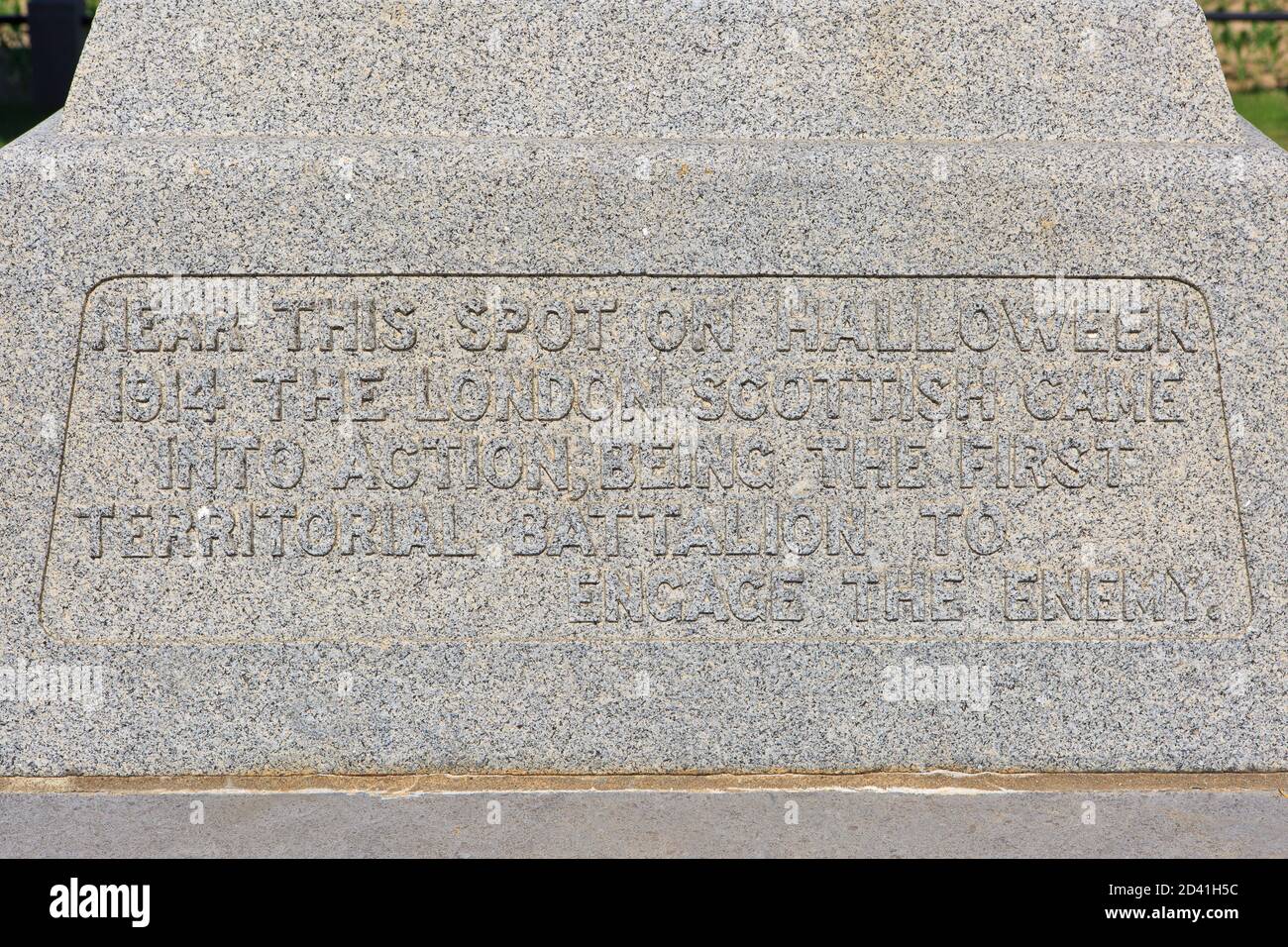 Das London Scottish (World war I) Memorial zur Erinnerung an die Schlacht von Messines und verschiedene andere Schlachten in Heuvelland, Belgien Stockfoto