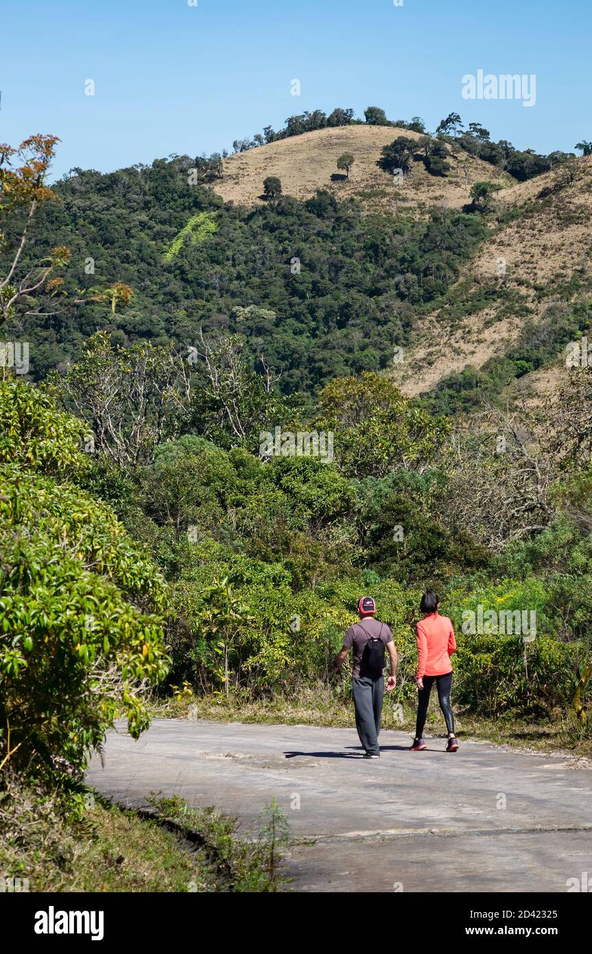 Blick auf einen großen Berg von grüner Vegetation des Nationalparks Serra da Bocaina wie gesehen von Pedra da Macela Zufahrtsstraße. Stockfoto
