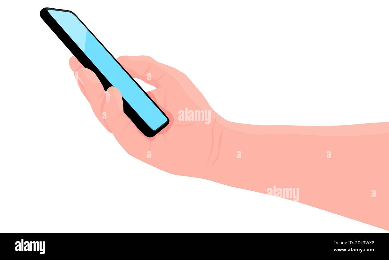 Handy in der Hand. Mann hält schwarzes Smartphone. Touchscreen mit dem Finger berühren. Platz für Text kopieren. Vektorgrafik, weißer Hintergrund Stock Vektor