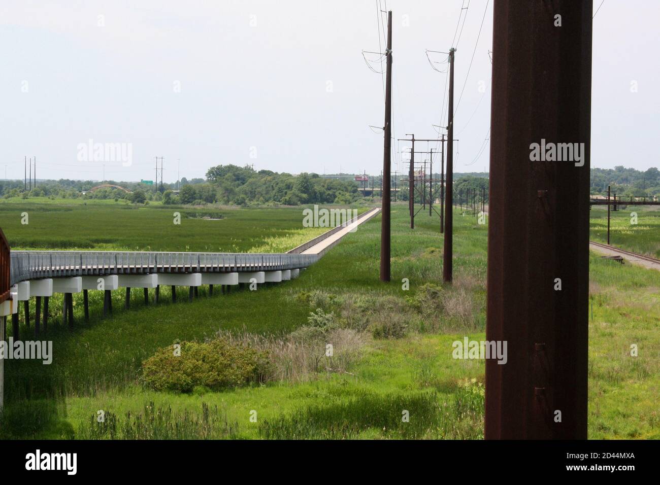 Telefonmasten und ein leerer Pfad am Russell W. Peterson Urban Wildlife Refuge in Wilmington, Delaware Stockfoto