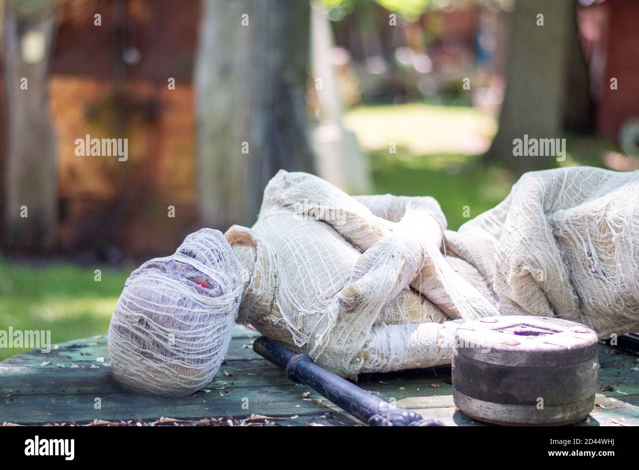 Eingewickelte Mumie mag gebündelt in Bandagen auf einem Tisch im Freien Stockfoto