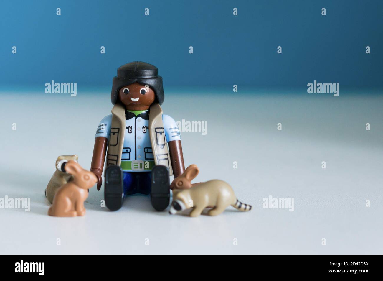 POZNAN, POLEN - 06. Sep 2017: Playmobil weibliche Ranger Tier Freundin sitzt zwischen Waschbären und Kaninchen in weichem Fokus Stockfoto