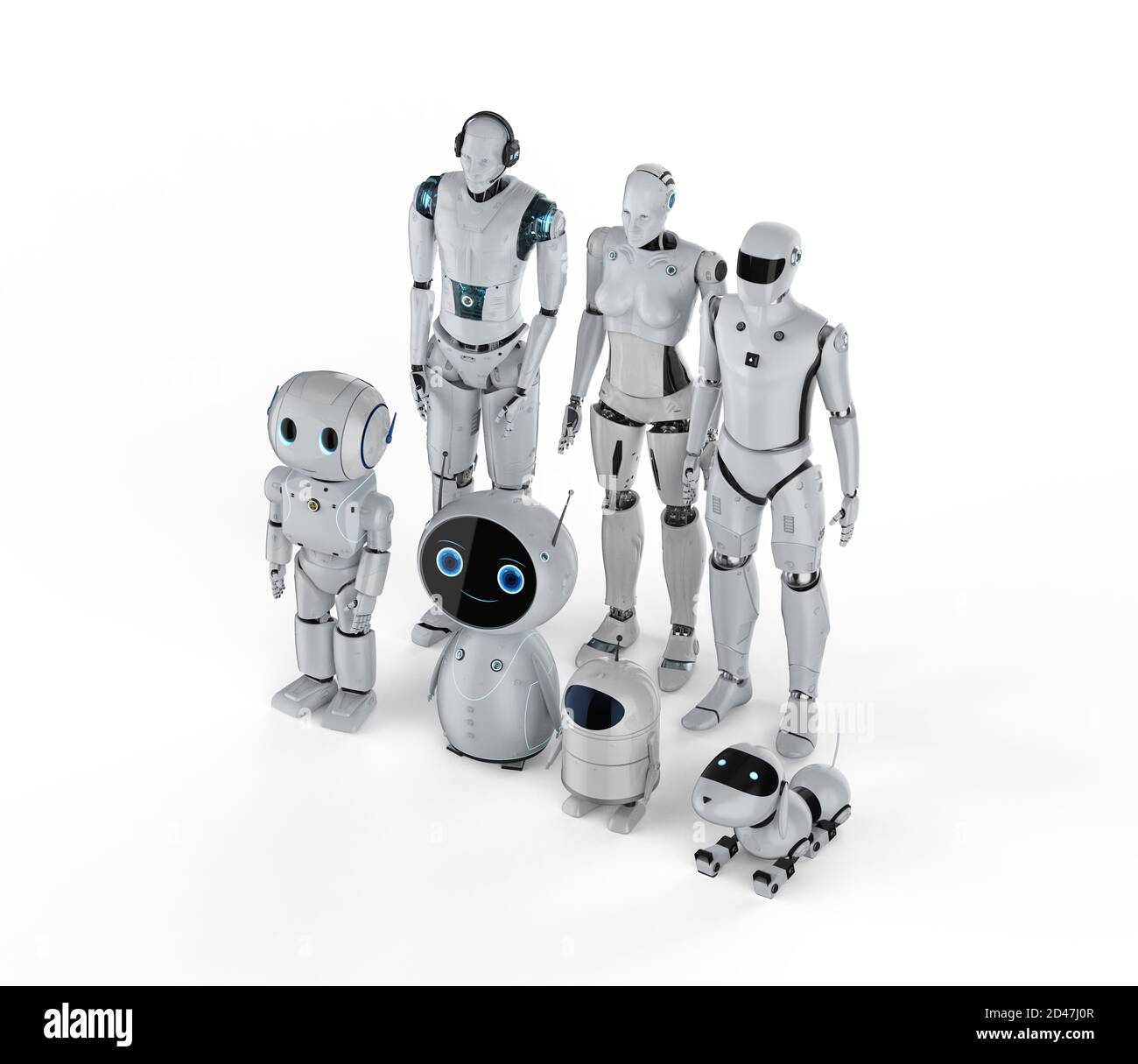 3d-Rendering-Gruppe von Automatisierungsrobotern oder Hilfsroboter auf Weißer Hintergrund Stockfoto