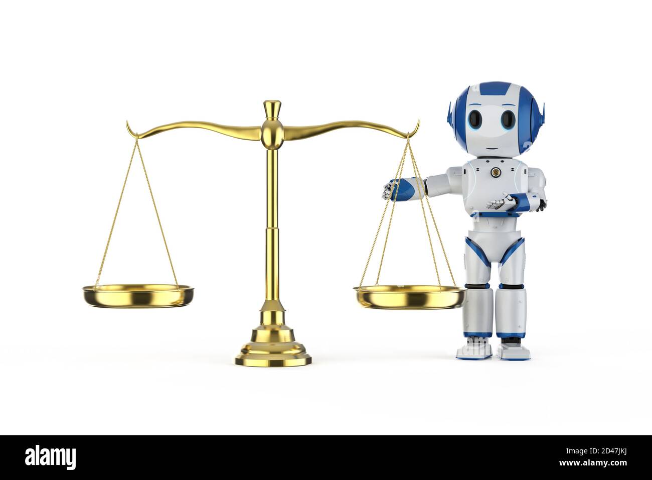 Cyber-Gesetz Konzept mit 3d-Rendering Mini-Roboter und golden Auf weißem Hintergrund skalieren Stockfoto