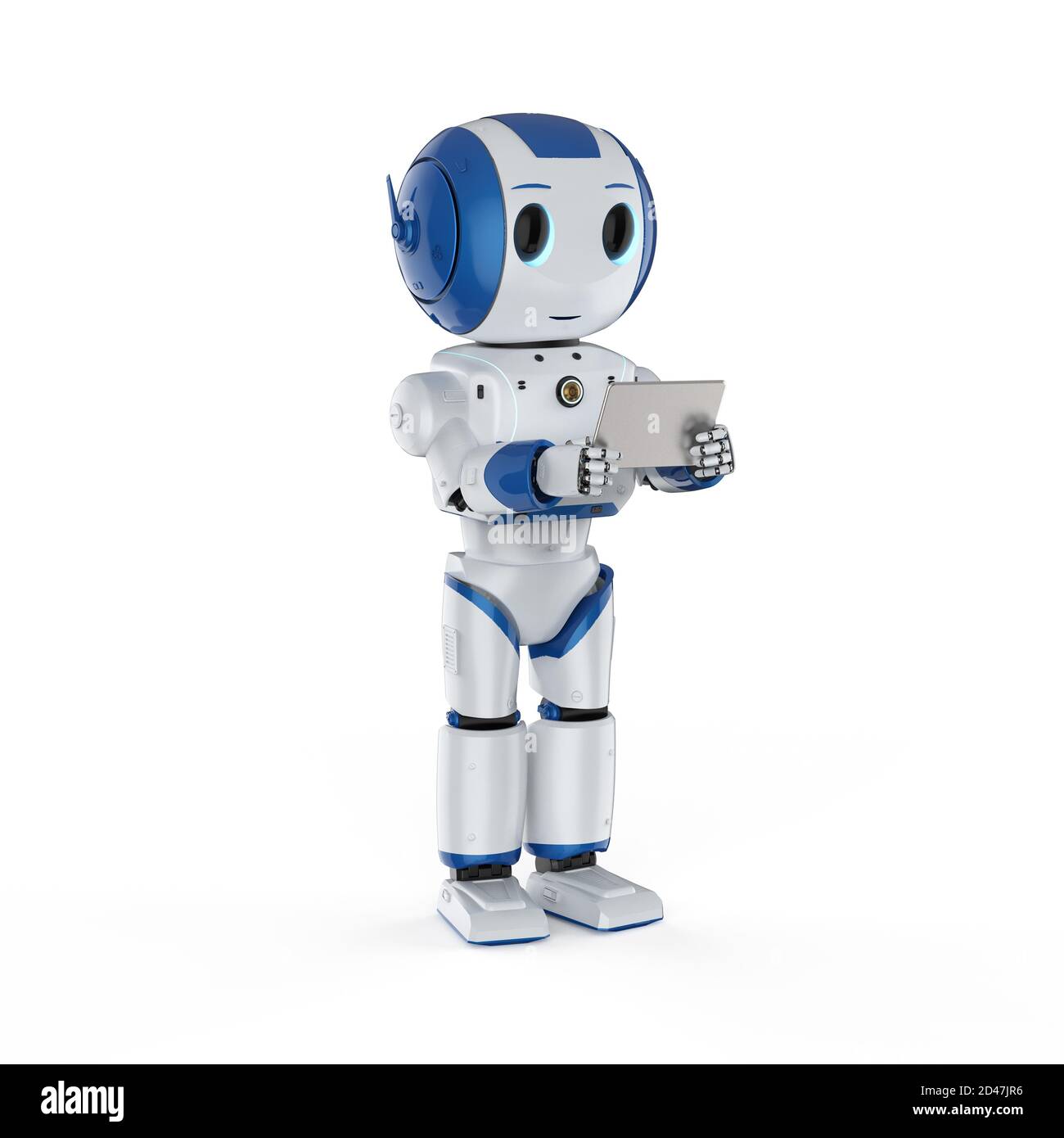 3D-Rendering cute künstliche Intelligenz Roboter mit digitalen Tablet Stockfoto