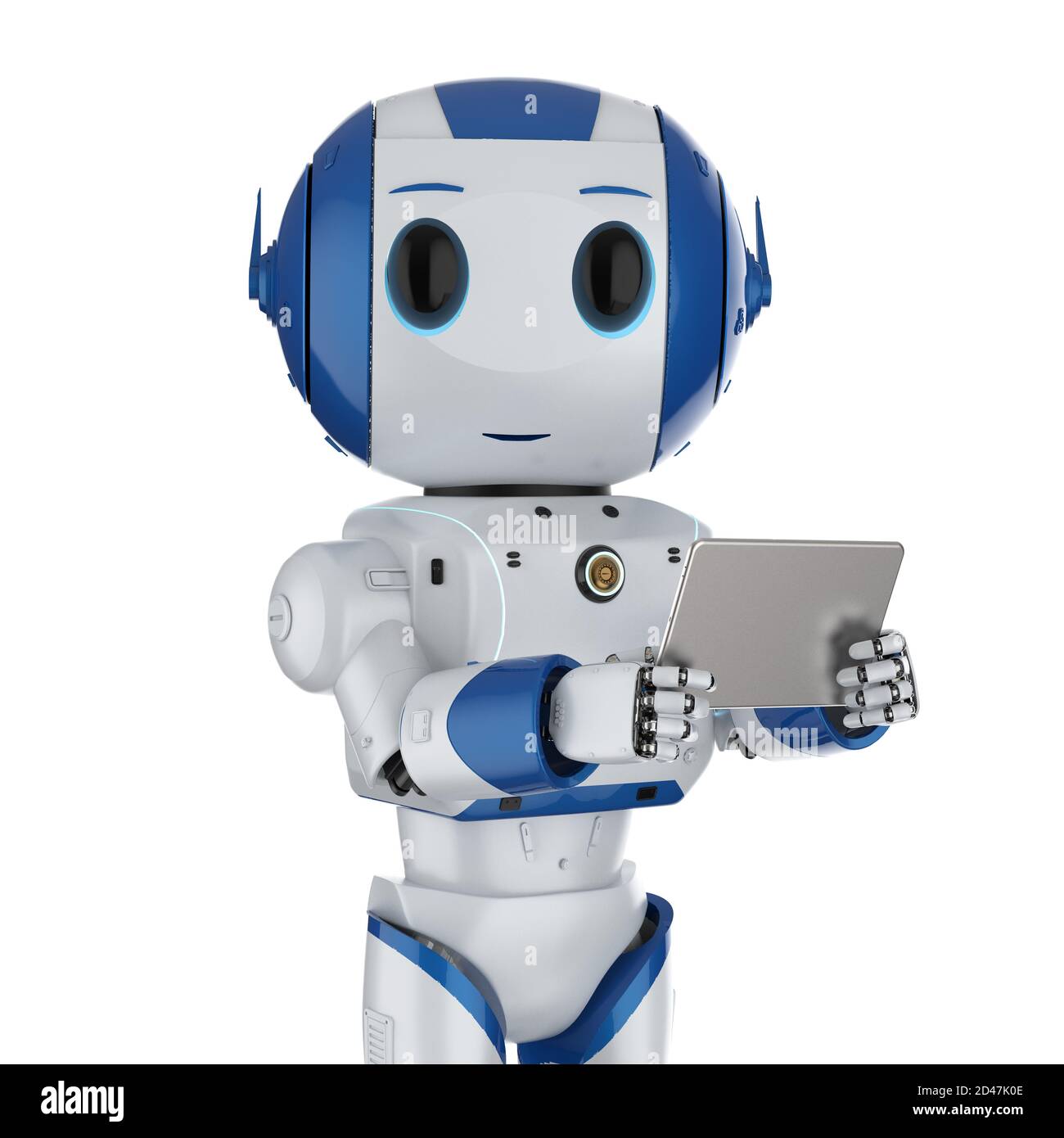 3D-Rendering cute künstliche Intelligenz Roboter mit digitalen Tablet Stockfoto