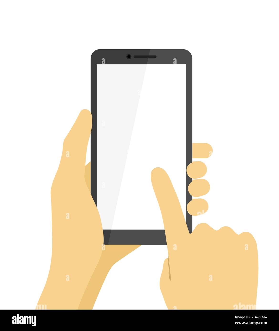 Smartphone mit Handgriff und Fingerberührung mit leerem weißen Bildschirm Stock Vektor