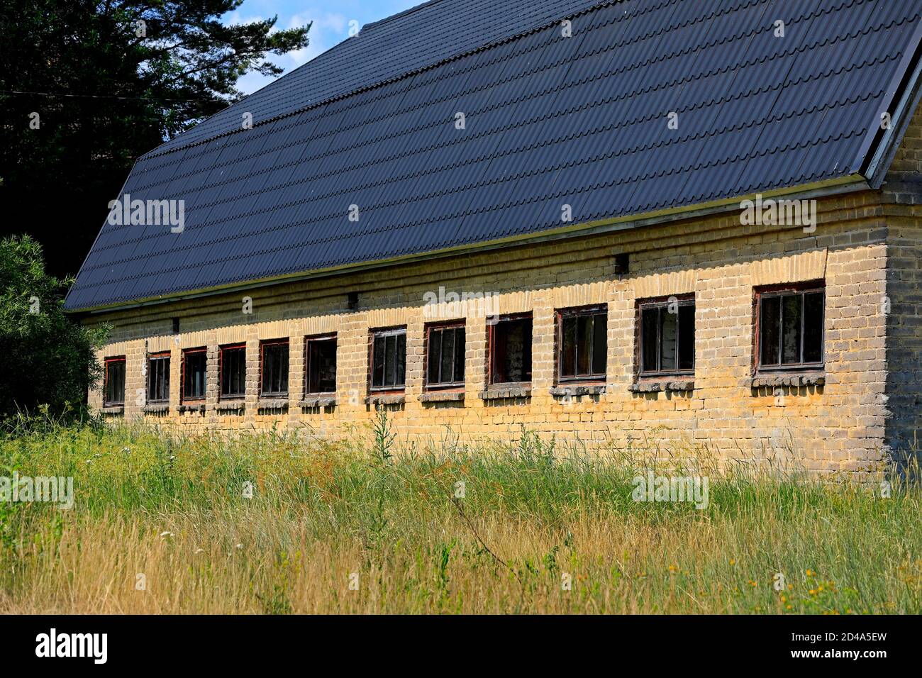 Die Backsteinmauer und die Fenster eines alten Bauernhauses im Sommer. Stockfoto