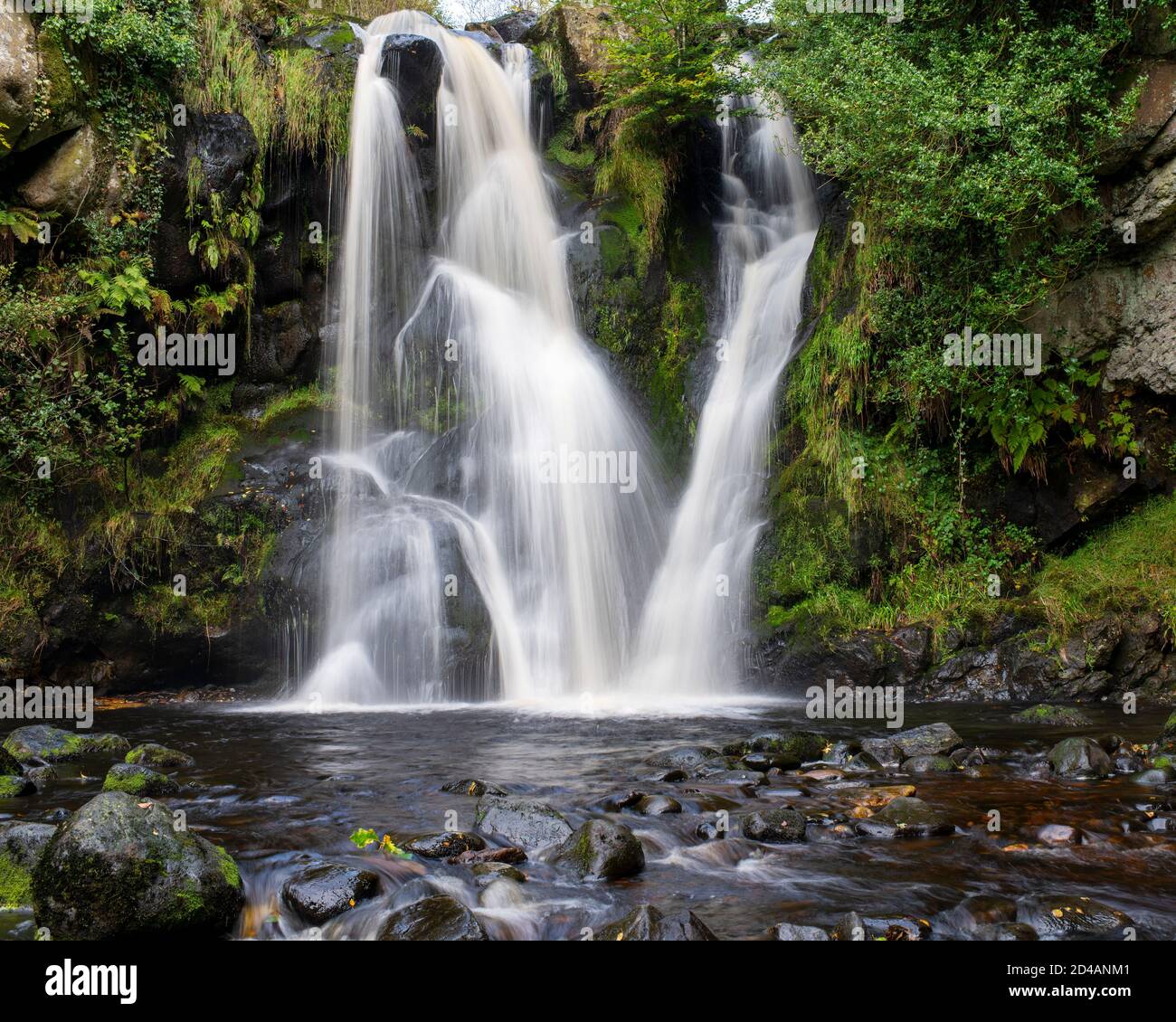 Lower Posforth Gill Wasserfall im frühen Herbst, Valley of Desolation, Wharfedale, Yorkshire, Großbritannien Stockfoto