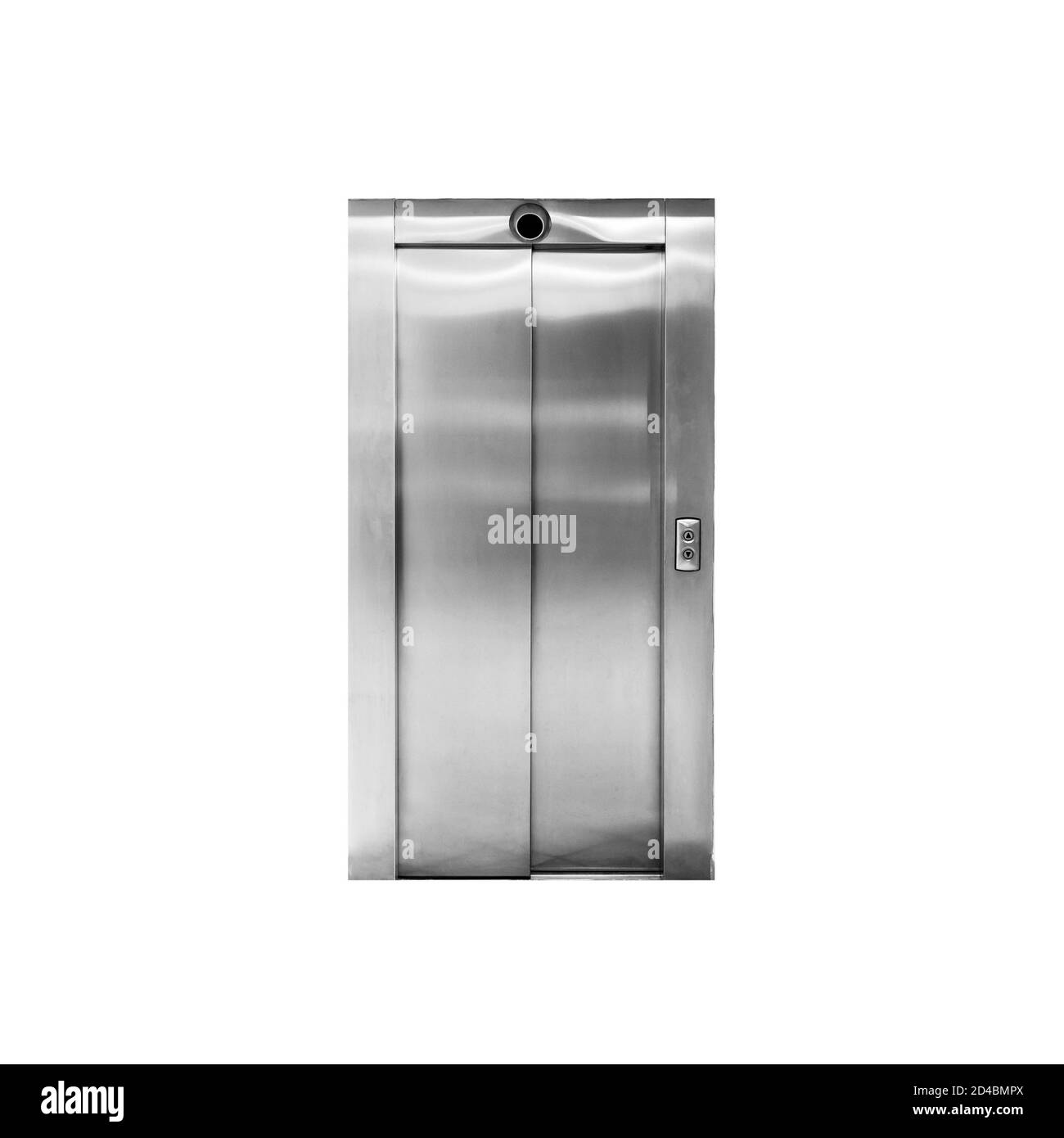 Glänzende Metall-Fahrstuhltüren isoliert auf weiß Stockfoto