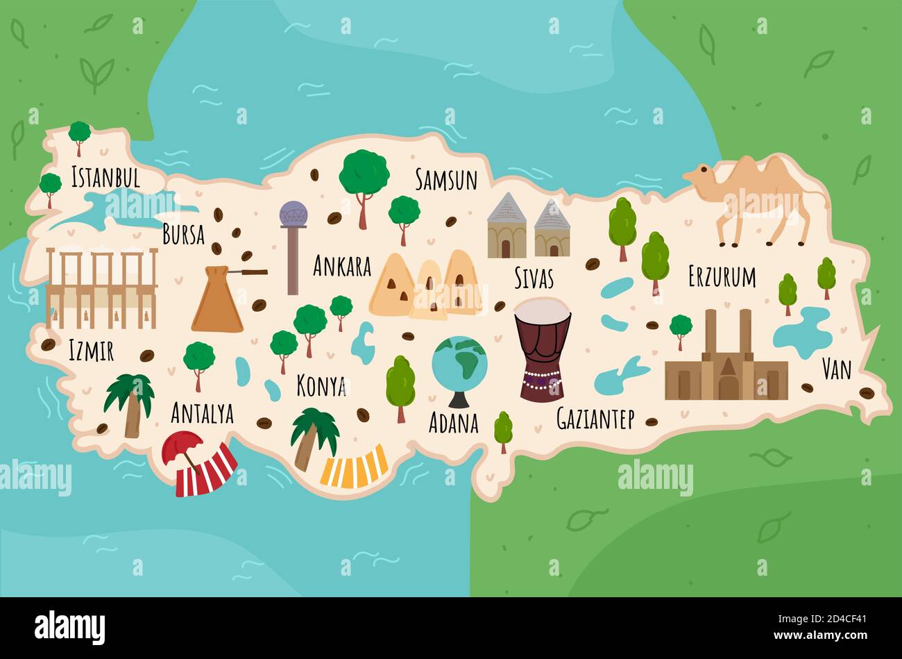 Cartoon-Karte der Türkei. Reisebilder mit türkischen Sehenswürdigkeiten, Gebäuden, Lebensmitteln und Pflanzen. Lustige Touristen Infografiken. Nationale Symbole. Berühmt Stock Vektor