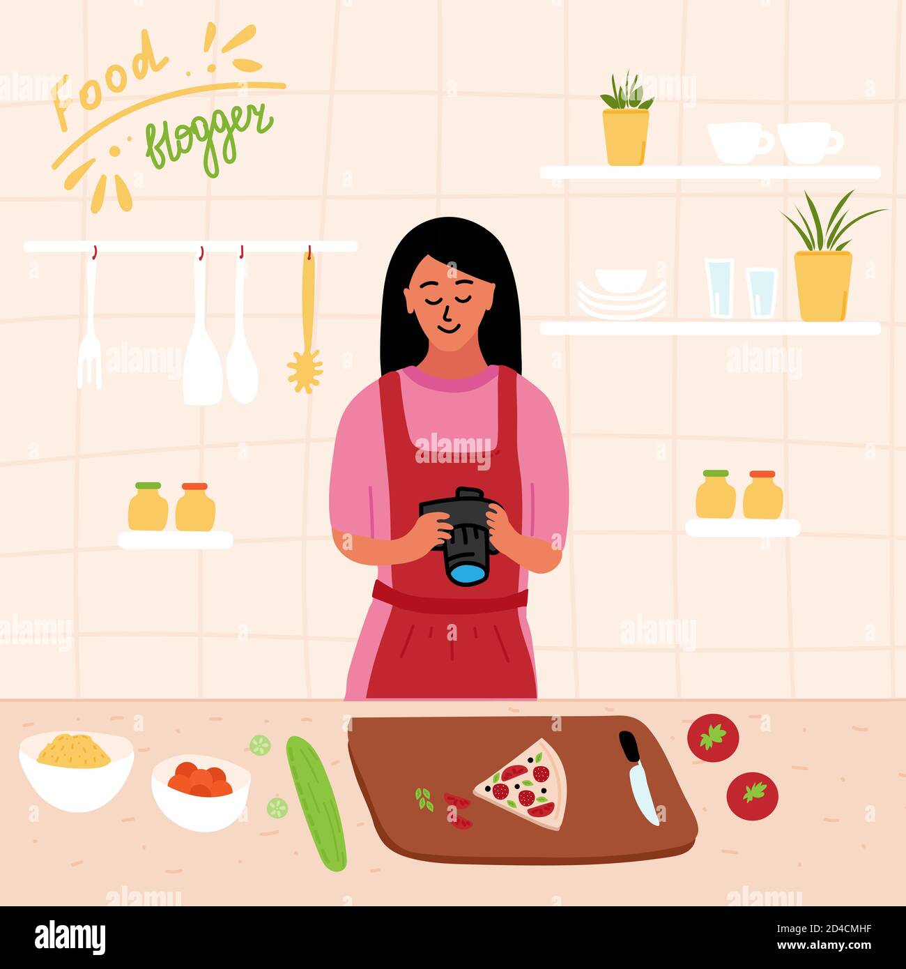 Food Blogger machen Foto von Pizza. Weibliche Köchin mit Kamera für Blog oder Video-Kanal. Kochen Sie gesunde Lebensmittel zu Hause. Hausgemachte Mahlzeiten. Kulinarische Video-Master Stock Vektor