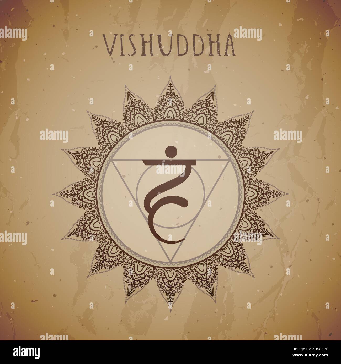 Vektor-Illustration mit Symbol Chakra Vishuddha Grunge Hintergrund. Kreis-Mandala-Muster und handgezeichnete Schriftzüge. Stock Vektor