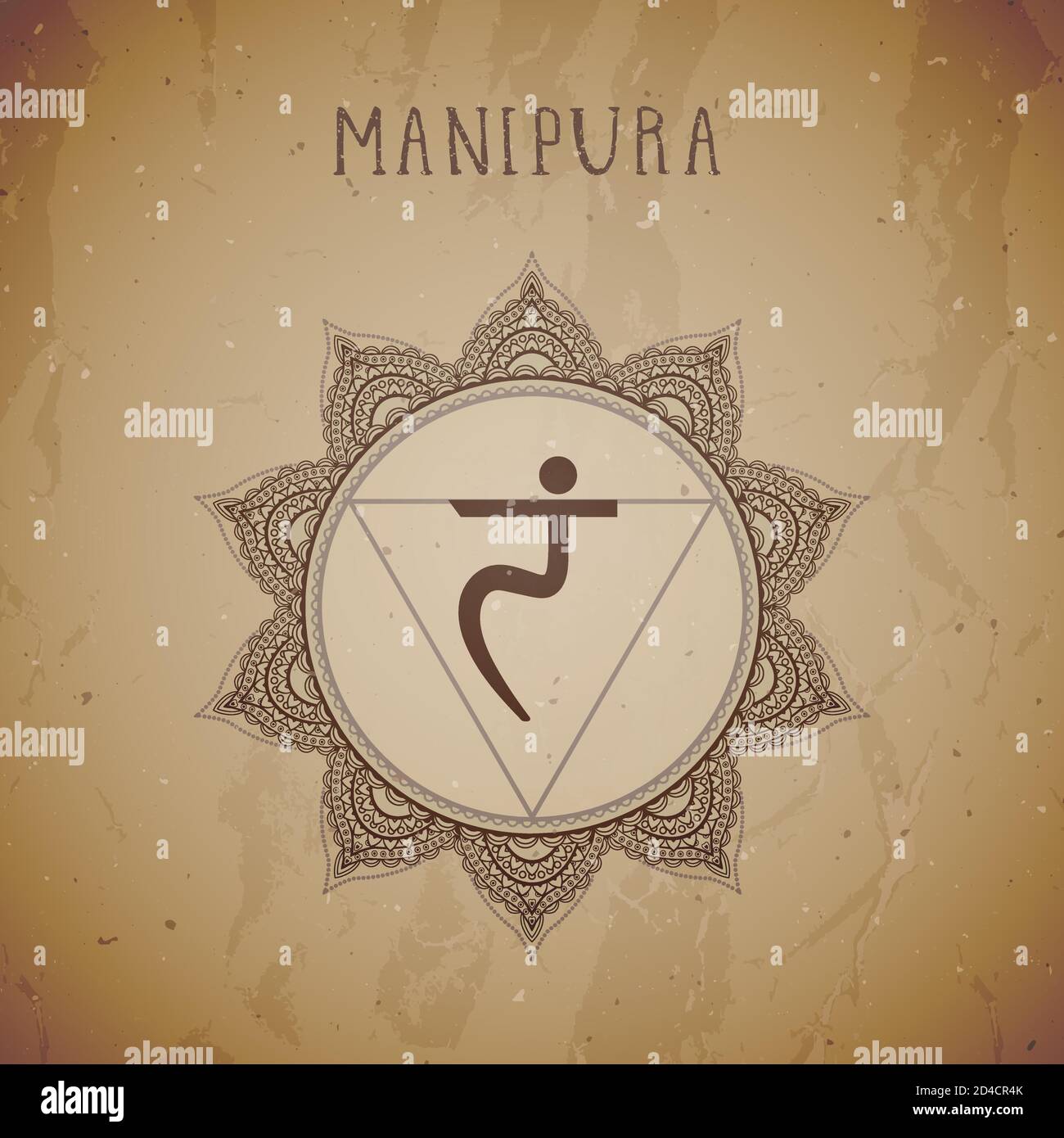 Vektor-Illustration mit Symbol Chakra Manipura auf grunge Hintergrund. Kreis-Mandala-Muster und handgezeichnete Schriftzüge. Stock Vektor