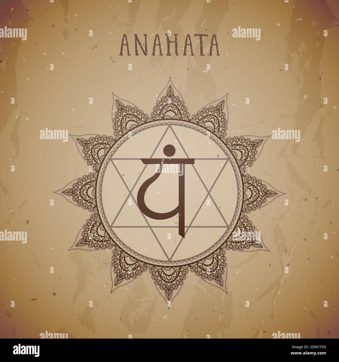 Vektor-Illustration mit Symbol Chakra Anahata Grunge Hintergrund. Kreis-Mandala-Muster und handgezeichnete Schriftzüge. Stock Vektor