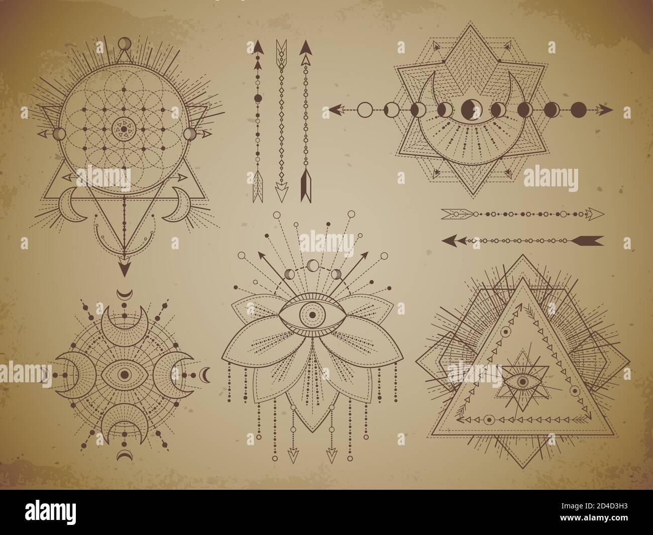 Vektor-Set von Heiligen geometrischen Symbolen und Figuren auf altem Papier Hintergrund. Abstrakte mystische Zeichen Sammlung in Linien gezeichnet. Für Ihr Design: Print, po Stock Vektor