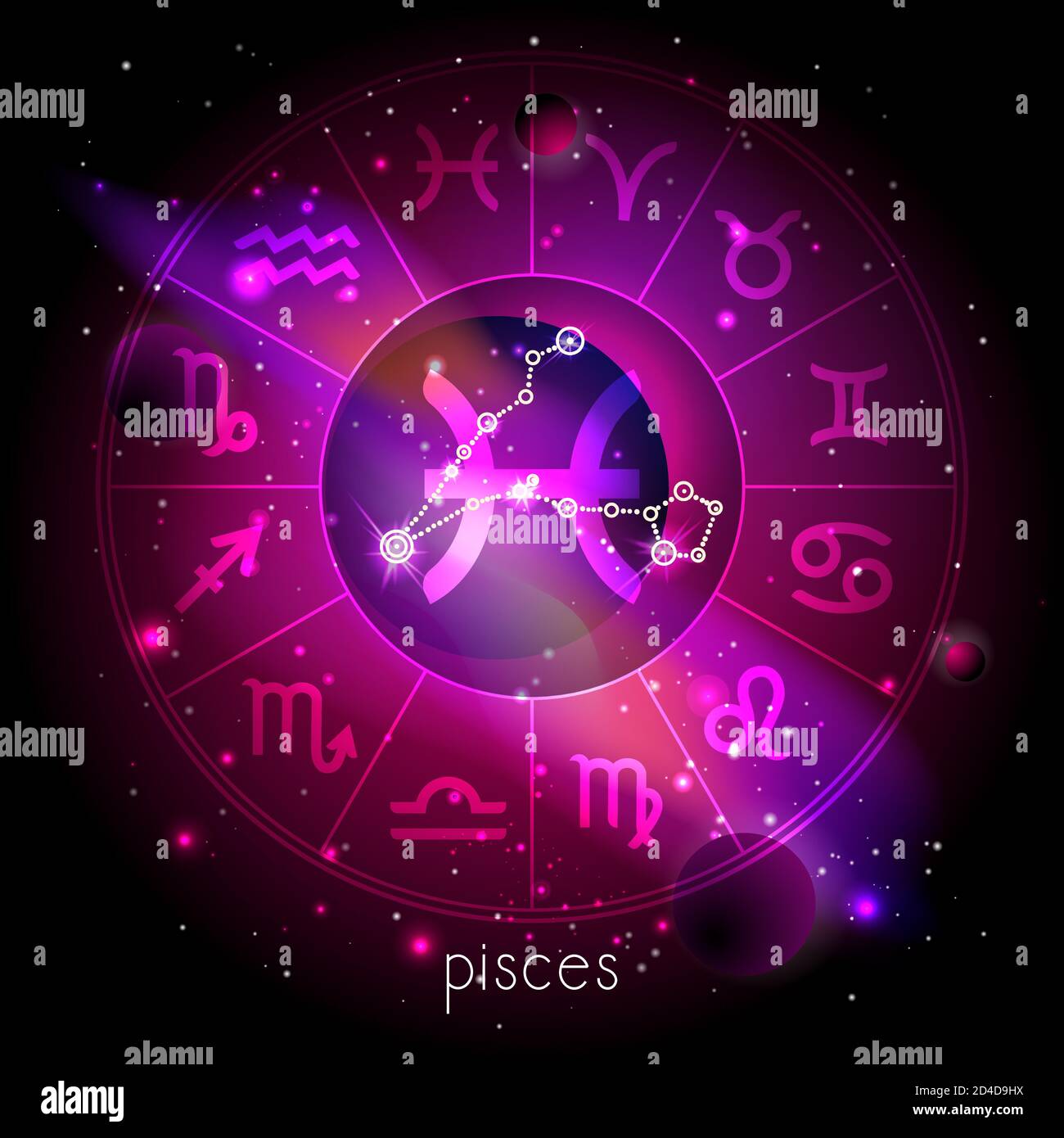 Vektordarstellung von Zeichen und Sternbild FISCHE mit Horoskopkreis vor dem Hintergrund des Raumes mit Planeten und Sternen. Heilige Symbole in rot Stock Vektor
