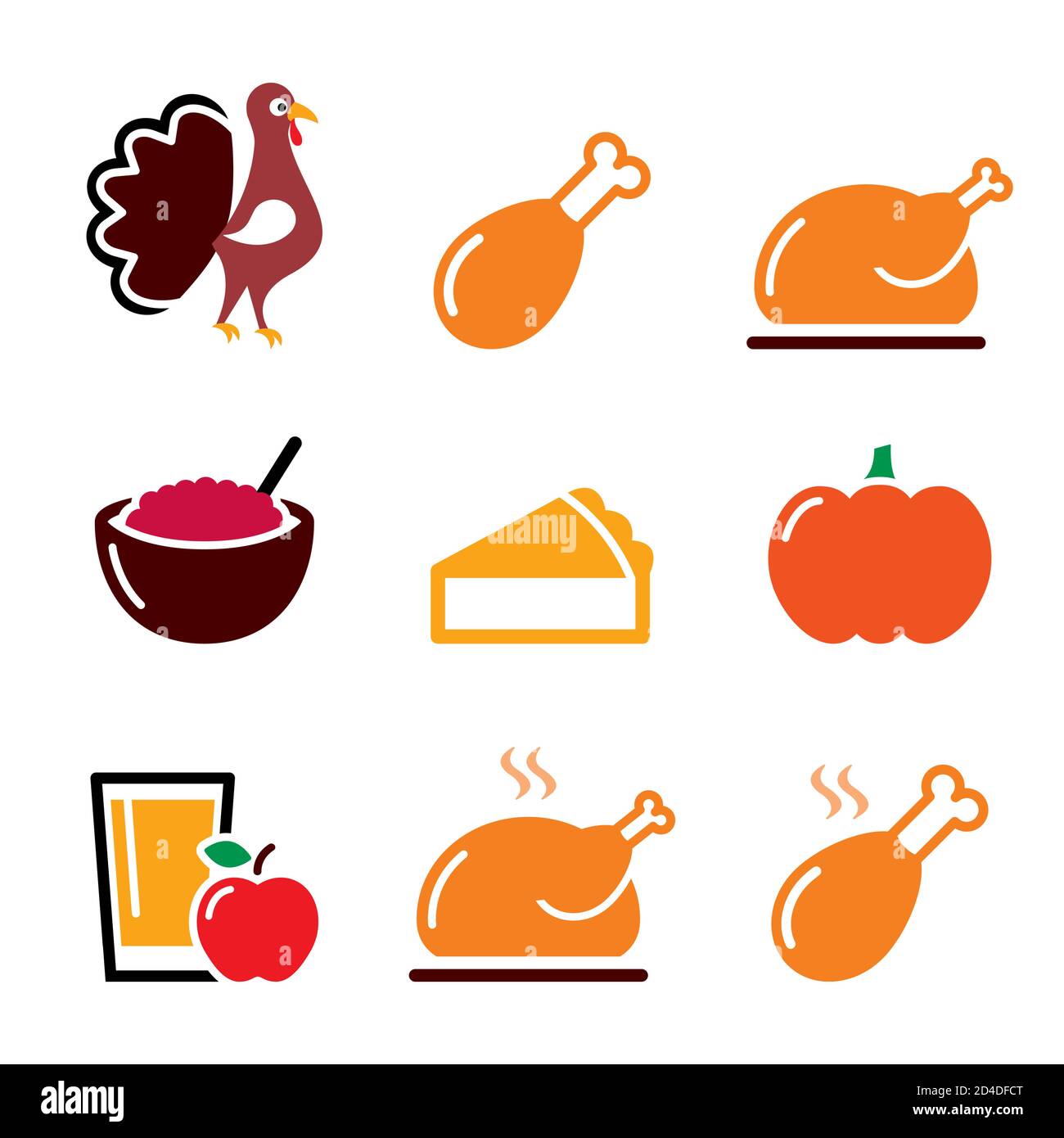 Thanksgiving Day Food Icons Set - truthahn, Kürbiskuchen, Cranberry-Sauce, Apfelsaft Design in Farbe Stock Vektor