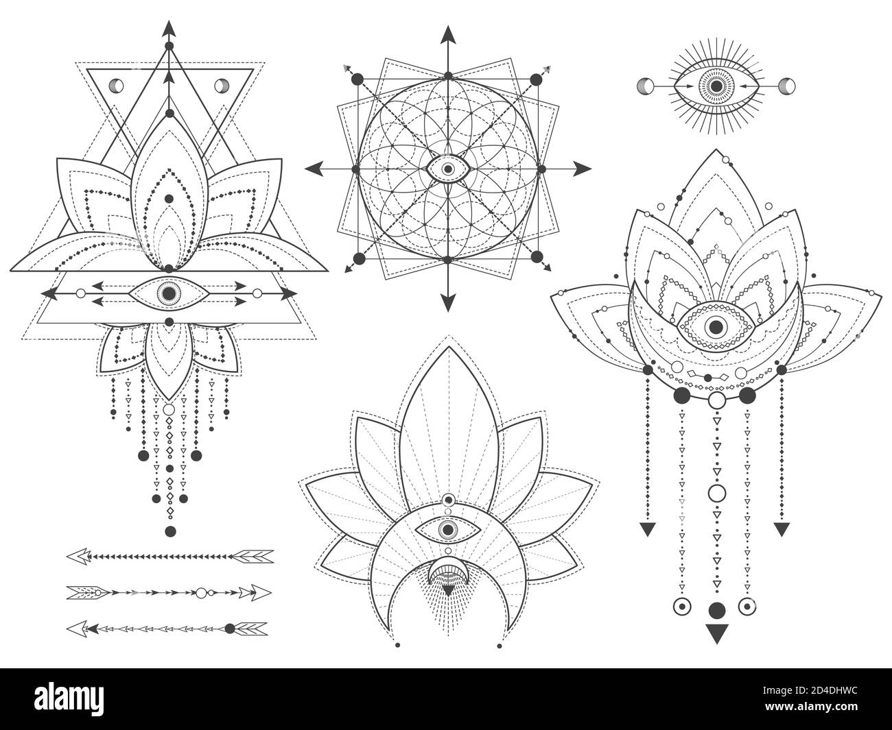 Vektor-Set von Heiligen geometrischen und natürlichen Symbolen auf weißem Hintergrund. Abstrakte Mystic Signs Kollektion. Schwarze lineare Formen. Für Sie Design oder Modder Stock Vektor