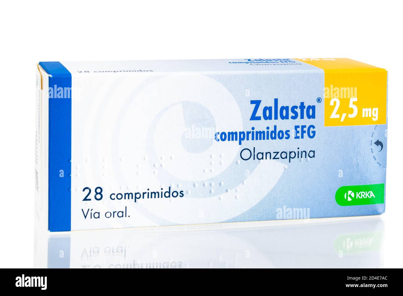 Huelva, Spanien-Oktober 9,2020: Box von Olanzapin Marke Zalasta von KRKA Pharmaceutical, das atypische antipsychotische Medikament Olanzapin wurde ein Stockfoto