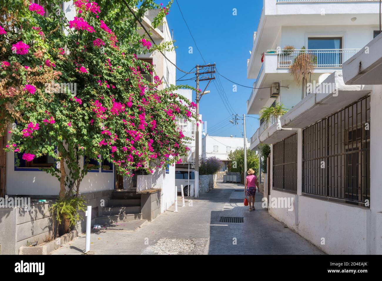 Alte gemütliche Straße mit Blumen in weißen Häusern in Bodrum, Türkei Stockfoto