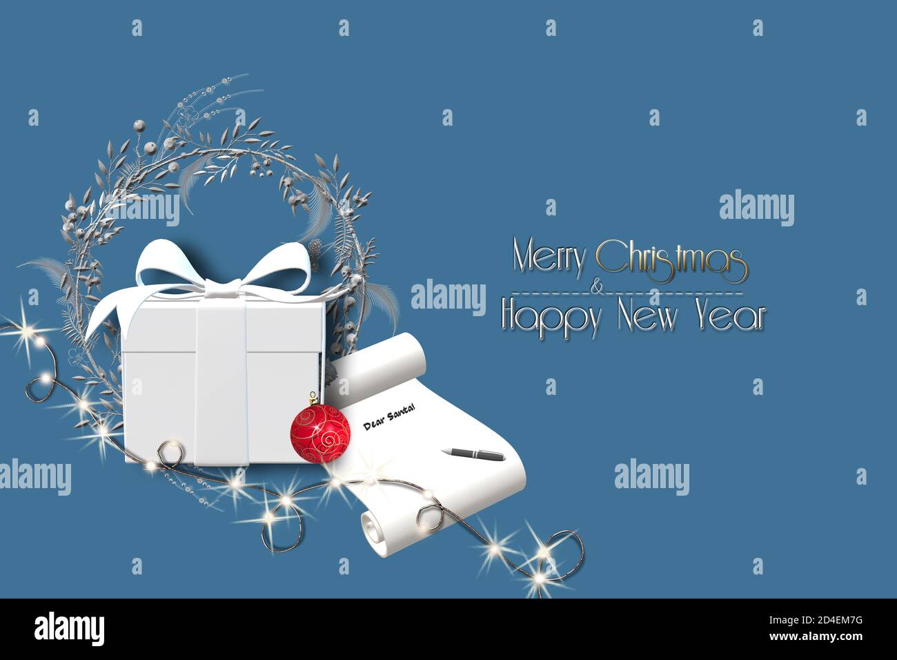 Weihnachten Neujahr 2021 Hintergrund mit Geschenkbox mit Schleife, Schriftrolle mit Stift, Lichter, silbernen Kranz, rote Kugel auf blauem Hintergrund in 3D-Rendering. Gold Text Frohe Weihnachten Frohes neues Jahr Stockfoto