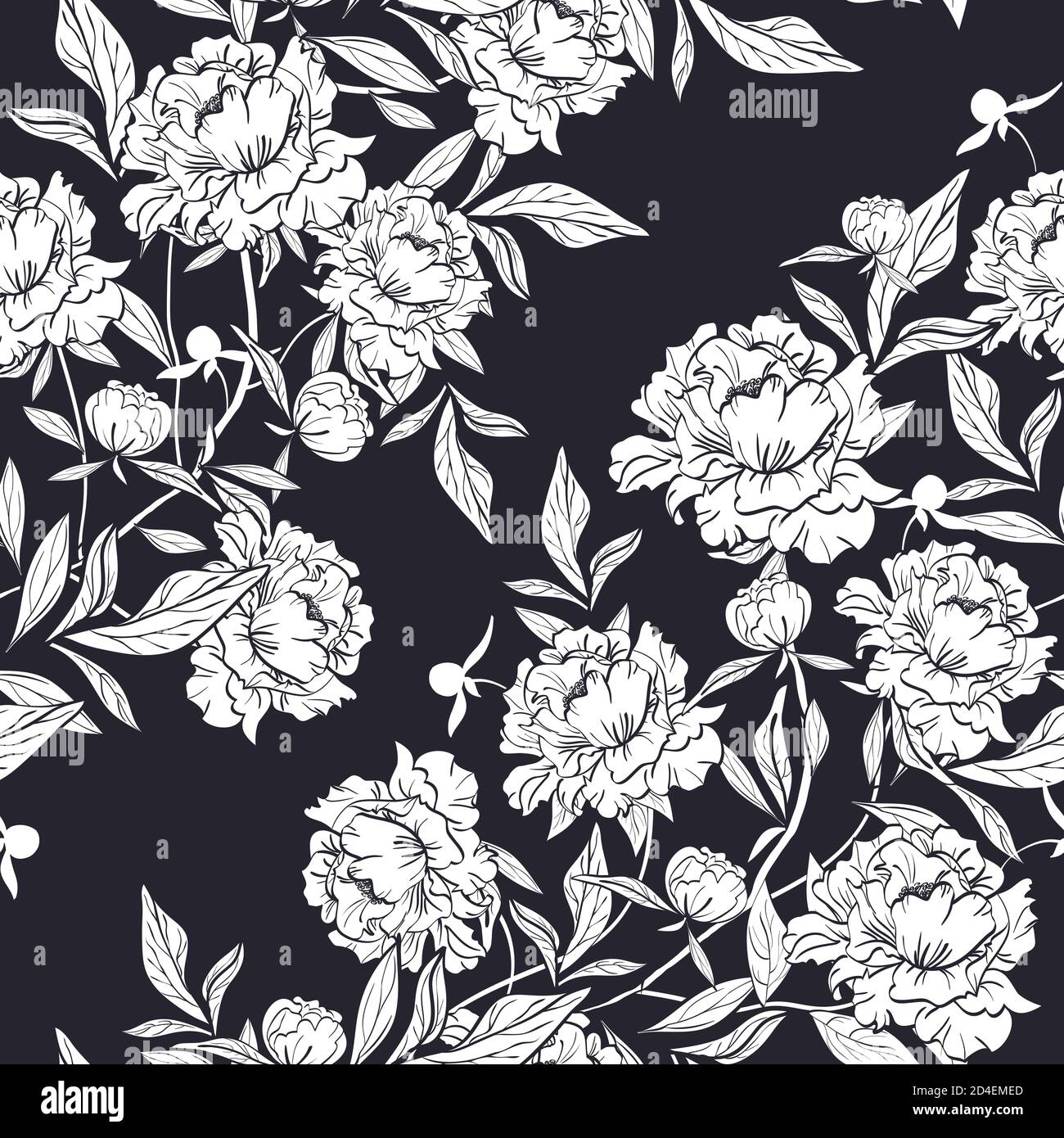 Florales Muster mit eleganten Pfingstrosen Blüten Knospen und Blättern Stock Vektor