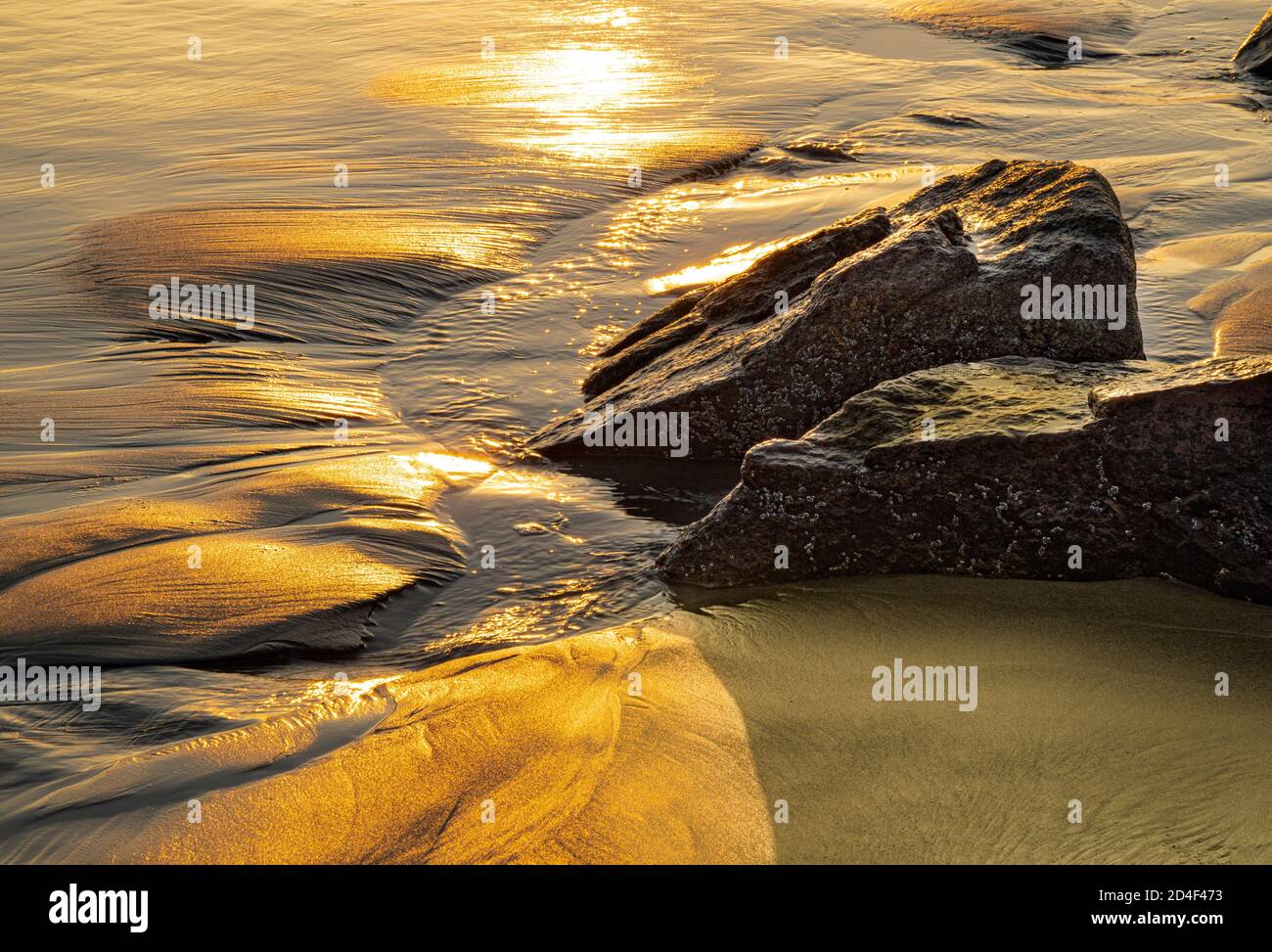 Feuchter Sand mit Sonnenspiegelung am Narragansett Beach, RI USA Stockfoto